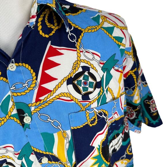 Vintage Tango Max Raab Shirt Men’s Large AOP Nautical Button Hawaiian Blue Gold - Picture 3 of 10